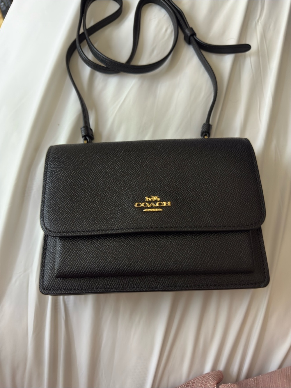 Coach Black Pebbled Leather Crossbody w/ Gold Logo, little discoloration on logo